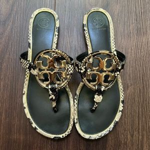 Tory Burch Miller Sandal Snakeskin Print Gold Plated